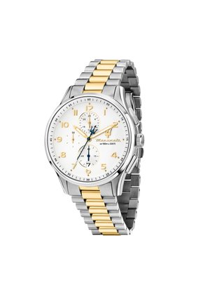 Montre en acier inoxydable avec accents en or, cadran blanc, marqueurs d'heure noirs et or, sous-dials de chronographe, et un bracelet bicolore.