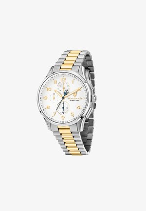 Montre en acier inoxydable avec accents en or, cadran blanc, marqueurs d'heure noirs et or, sous-dials de chronographe, et un bracelet bicolore.
