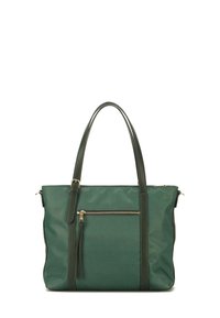 Borsa a spalla verde con superficie testurizzata, doppie tracolle, una tasca frontale con zip e dettagli in metallo dorato.