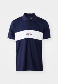 Marineblå polo med hvit horisontal stripe, krage og korte ermer. Har brodert logo på brystet. Myk, glatt stoff.