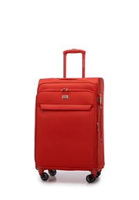 Maleta roja fabricada en tejido texturizado con mango telescópico, bolsillo frontal y cuatro ruedas giratorias negras para facilitar su movilidad.