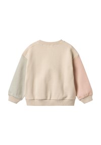 Sweat-shirt crème à coupe décontractée, avec des manches vert clair et rose pâle, des poignets en maille côtelée et un design simple. Texture lisse.