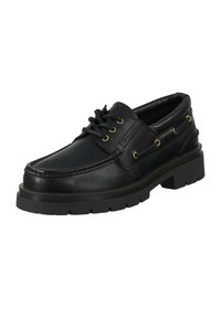 Black leather boat shoe with a rounded toe, thick black rubber sole, intricate stitching, and gold-tone eyelets for laces.