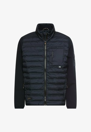 Navy puffer jacket with a zip front, featuring a quilted body and knit sleeves. Includes a chest pocket and zippered side pockets.