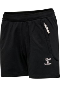 Svarta träningsshorts i mjukt tyg, med resårmidja, en sidoficka och en vit broderad logotyp på framsidan.