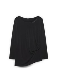 Czarny top z długim rękawem wykonany z gładkiego materiału, z drapowanym fasonem i węzłem z boku oraz ozdobnymi zdobieniami przy dekolcie.