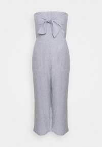 Gestreepte, strapless jumpsuit met een strikdetail aan de voorkant, met een getailleerde taille en een wijde pijpdesign in lichtblauw en wit.