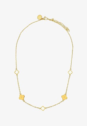 Collier chaîne en or composé de cinq maillons en forme de fleur avec de petits trous, une fermeture à mousqueton et une chaîne d'extension pour une longueur ajustable.