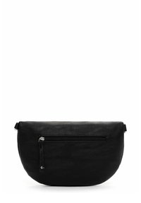 Borsa a mano in pelle nera con forma arrotondata, dotata di una tasca frontale con zip e una superficie testurizzata. Due piccole cinghie sono attaccate ai lati.