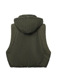 Gilet senza maniche con cappuccio di colore verde scuro, con cuciture imbottite e vita elasticizzata, fotografato da dietro su sfondo bianco.