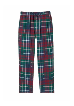 Weiche Pyjamahosen mit rot-grün-blau kariertem Muster und verstellbarem Kordelzug in der Taille.