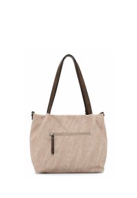 Sac fourre-tout en tissu beige avec poignées en cuir marron, comprenant une poche extérieure zippée et une finition douce et texturée.