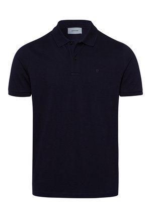 Polo bleu marine en coton, doté d'un col à revers, d'une patte à trois boutons et d'un petit logo sur la poitrine. Texture lisse.