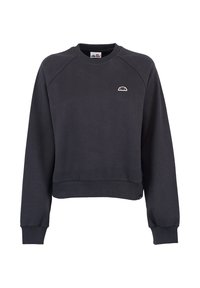 Felpa grigia scura con scollo rotondo e maniche raglan. Presenta un piccolo logo sul petto e polsini e orlo a coste. Texture morbida.