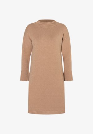 Beiges Strickkleid mit geripptem Rundhalsausschnitt, langen Ärmeln, ausgestellten Manschetten und Perlenschnürung an den Ärmelenden.