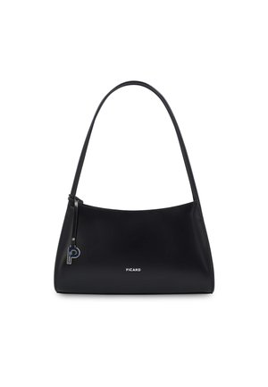 Black rectangular leather handbag with single shoulder strap, small metal "P" charm, and "Picard" logo on front center.