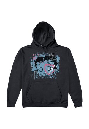 Czarny hoodie z kieszeniami z przodu; posiada graficzny wzór w niebieskie, różowe i białe plamy. Sznurki przymocowane do kaptura.