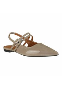 Beige patent leather slingback shoe with pointed toe, featuring double cross straps and a small stacked heel. Smooth texture and minimal stitching.