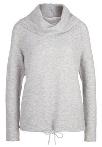 Maglione grigio a maniche lunghe con collo a cappuccio e orlo con coulisse. Realizzato in un morbido tessuto testurizzato con un motivo delicato in tutto il capo.