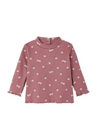 Ripp Longsleeve-Top in staubigem Rosé mit weißem Blumenmuster, hohem Kragen und rüschengesäumten Ärmeln. Mit Knopfverschluss auf der Rückseite.