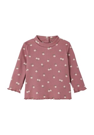 Ripp Longsleeve-Top in staubigem Rosé mit weißem Blumenmuster, hohem Kragen und rüschengesäumten Ärmeln. Mit Knopfverschluss auf der Rückseite.