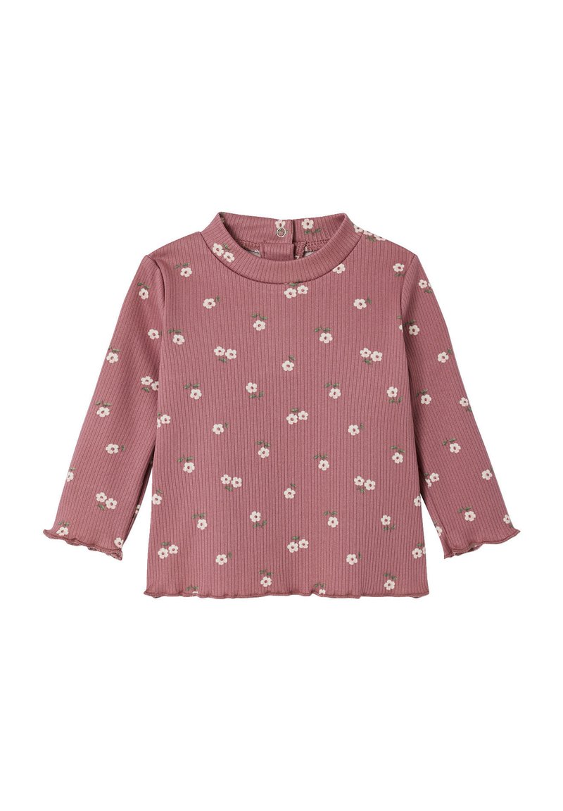 Ripp Longsleeve-Top in staubigem Rosé mit weißem Blumenmuster, hohem Kragen und rüschengesäumten Ärmeln. Mit Knopfverschluss auf der Rückseite.