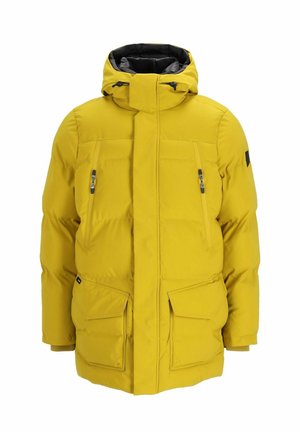 Gelbe isolierte Jacke mit hohem Kragen, doppelt zipbaren Taschen und Kapuze. Sie verfügt über ein gepolstertes Design und eine glatte Textur.