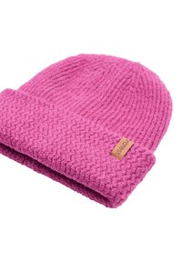 Pink knit beanie with a folded cuff, featuring a textured pattern and a small leather tag. Soft material with a warm appearance.