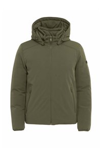 Giacca imbottita verde oliva con cappuccio, chiusura a zip, due tasche laterali e una texture liscia. Presenta dettagli imbastiti sulle spalle e il logo.