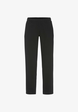 Zwarte sweatpants met een elastische tailleband, recht model en een gladde, lichte stoftextuur. Geen zichtbaar beslag of patronen.