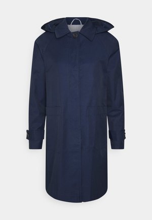 Imperméable bleu marine longueur genou avec capuche, fermeture à boutons devant, deux poches avant et poignets boutonnés.