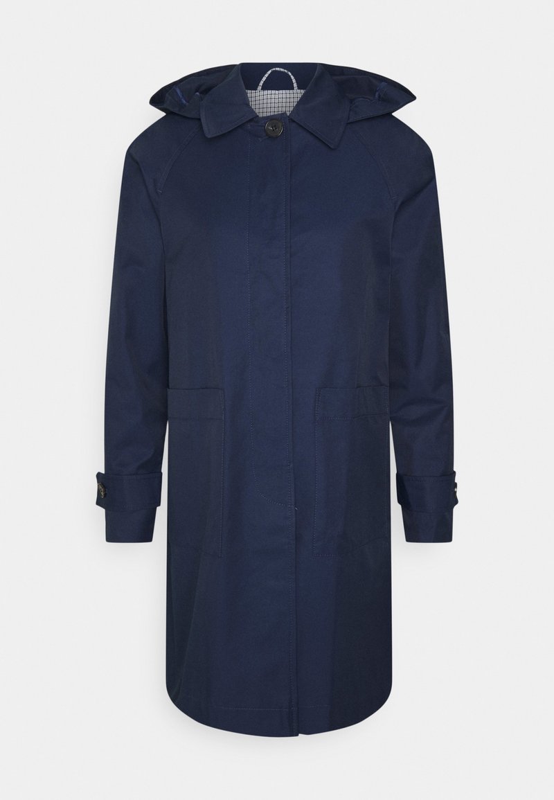 Imperméable bleu marine longueur genou avec capuche, fermeture à boutons devant, deux poches avant et poignets boutonnés.