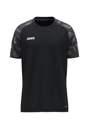 Maglietta sportiva nera a maniche corte con maniche grigio scuro con motivo e logo bianco "JAKO" sul petto.