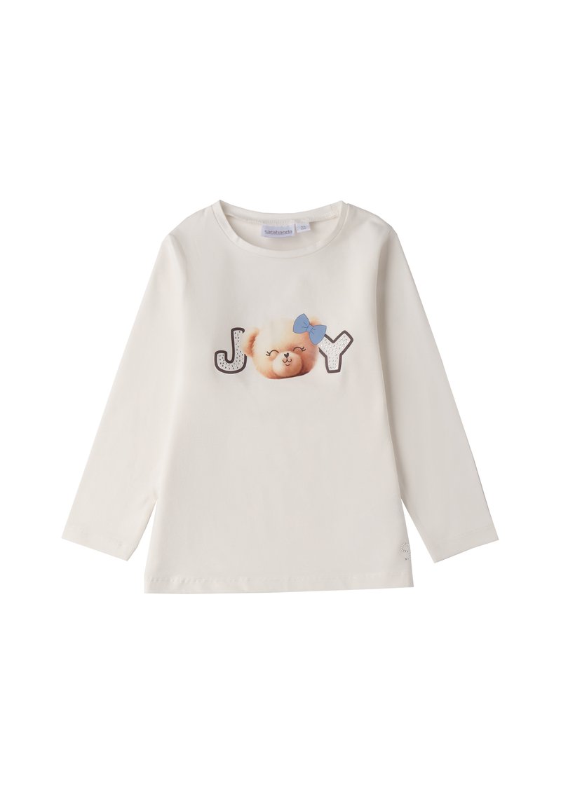 Langärmliges T-Shirt in Creme mit bedrucktem Bärenkopf, blauer Schleife und "JOY"-Schriftzug in Grau und Schwarz. Glattes Baumwollmaterial, runder Ausschnitt.