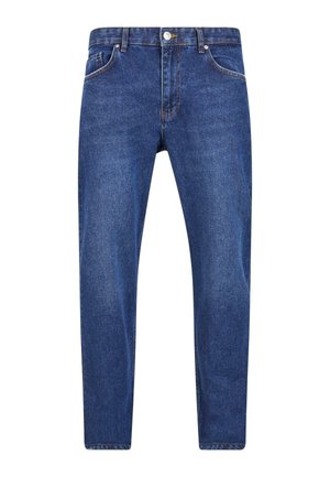 Temne modre jeans hlače s klasičnim petimi žepi, zadrgo in kovinsko gumbom. Ravnina z rahlim bledenjem.