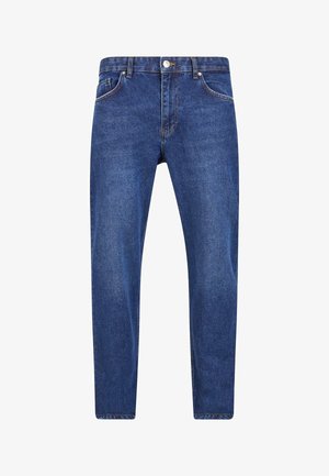 Donkerblauwe spijkerbroeken met een klassiek vijf-pocket ontwerp, ritssluiting en metalen knoop. Rechte pijpen met een lichte vervaging.