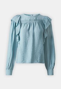 Blusa azzurro chiaro con maniche lunghe, dettagli arricciati, tessuto testurizzato e scollo rotondo. Presenta dettagli arricciati e chiusura con bottoni sul retro.