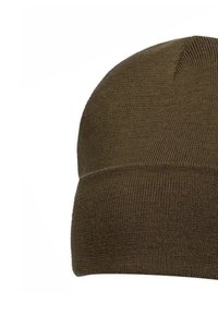 Brown knitted beanie hat with folded brim, made of ribbed fabric, displayed on a white background.