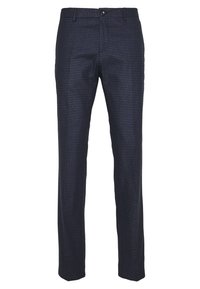 Pantaloni blu navy con motivo a griglia. Realizzati in un tessuto strutturato, dotati di chiusura con bottone e gamba dritta.