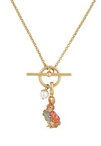 Gold-toned necklace with a rabbit charm holding a book, a small pearl accent, and a toggle clasp. Features a delicate chain design.