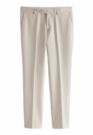 Pantalones color beige claro hechos de una tela suave. Cuentan con una cinturilla con botón, pliegues en la parte delantera y corte recto en las piernas.