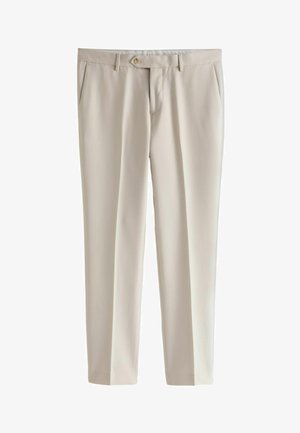 Light beige trousers made of smooth fabric. Features a waistband with a button, pleats at the front, and straight leg cut.