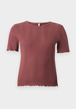 Haut à manches courtes en tricot côtelé couleur rose poussiéreux, à col rond et bordure subtile ondulée aux manches et à l'ourlet.