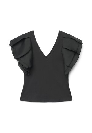 Top nero con scollo a V, maniche corte a volant trasparenti a strati e vita aderente.