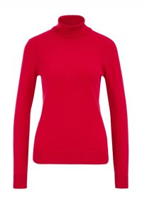 Pull à col roulé rouge en tricot lisse, avec des manches longues et des poignets et un ourlet côtelés ajustés.