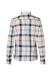 Long-sleeve plaid shirt with white, blue, green, and red check pattern. Features a classic collar and buttoned cuffs. Cotton fabric.