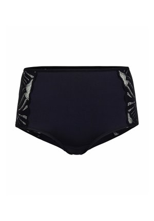 Czarne majtki z wysokim stanem z przezroczystymi panelami z koronki po bokach, zdobione wzorem kwiatowym.