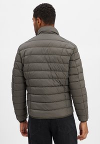 Gevoerde jas in olijfgroen, met een hoge kraag en horizontale stiksels. Soepele textuur met elastische manchetten en zoom. Achteraanzicht.