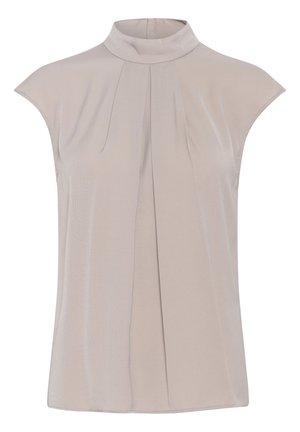 Blusa senza maniche color beige chiaro con colletto alto, caratterizzata da pieghe nella parte anteriore e una texture di tessuto leggera e liscia.