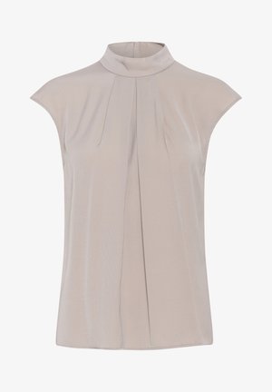 Jasnofioletowa bezrękawnikowa bluzka z wysokim kołnierzem, z plisami z przodu i gładkim, lekkim materiałem.